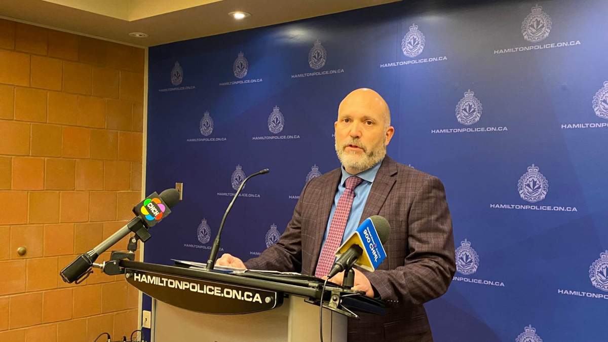 Hamilton police Det. Sgt. Jason Cattle on March 27, 2023 during an update at central station on a recent homicide in the city's downtown.