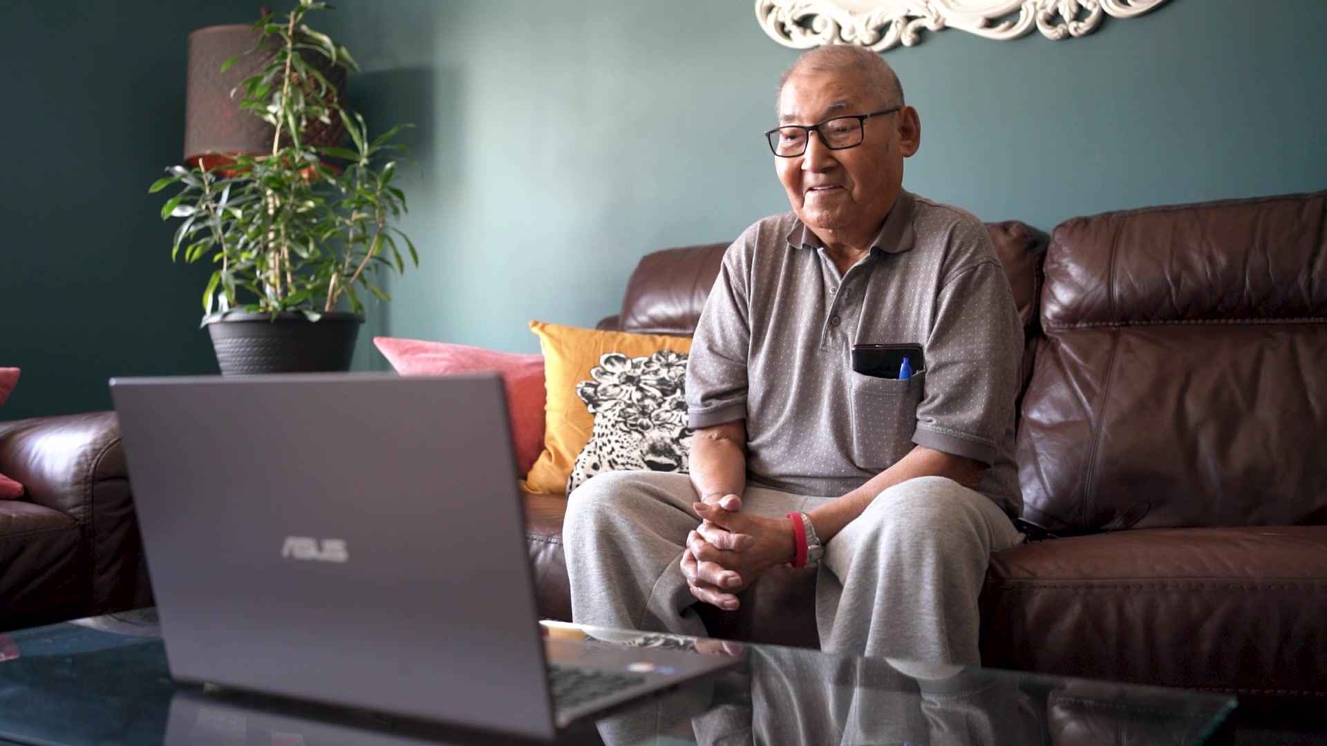 Aysanabee’s grandfather Watin, during a video call from Thunder Bay, Ont.