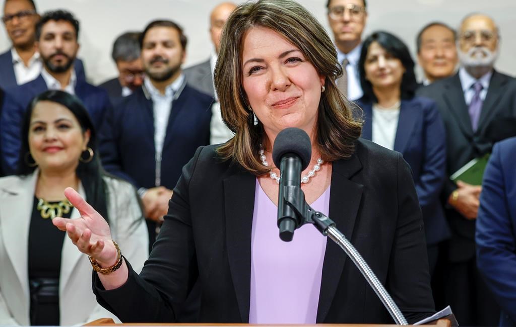 Alberta Premier Danielle Smith, makes an announcement at the Chinese Cultural Centre in Calgary, Alta., Friday, April 14, 2023.
