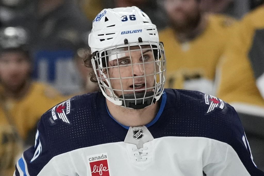 Winnipeg Jets centre Morgan Barron (36) plays with a bandage against the Vegas Golden Knights during the second period of Game 1 of an NHL hockey Stanley Cup first-round playoff series on April 18 in Las Vegas.