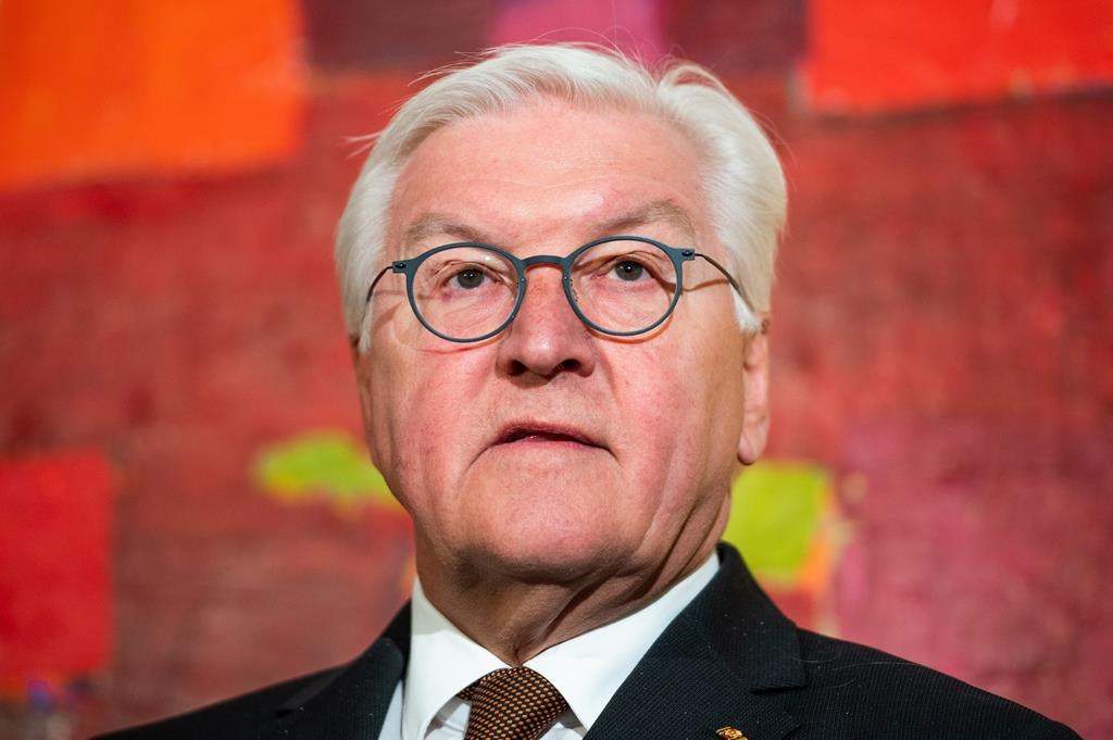 German President Frank-Walter Steinmeier speaks during a luncheon at the official residence of the German ambassador to Canada during an official visit in Ottawa, on Monday, April 24, 2023. Steinmeier is in the Lower Mainland today on the third day of his four-day trip to Canada. THE CANADIAN PRESS/Spencer Colby.