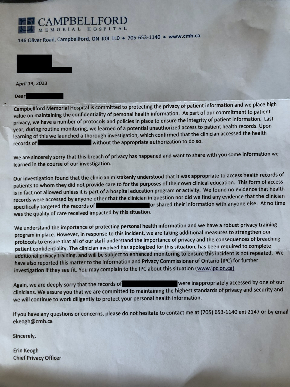 Letters such as this one have been sent to patients informing them of a privacy breach at Campbellford Memorial Hospital.