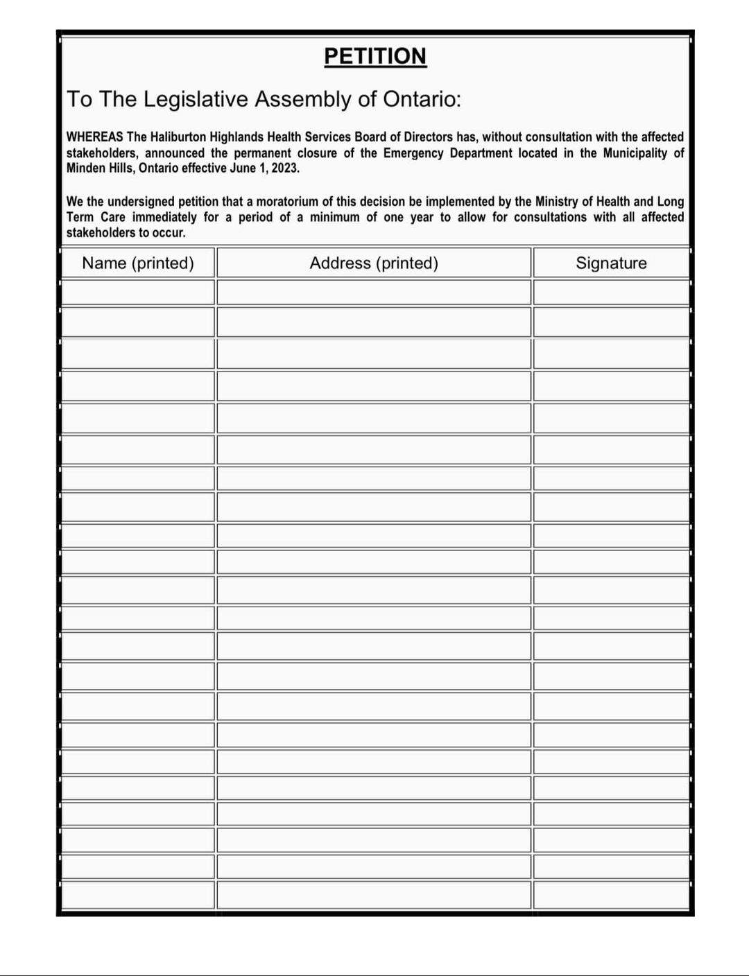 A copy of the petition circulating in Minden Hills Township over the proposed closure of an emergency department in Minden, Ont.