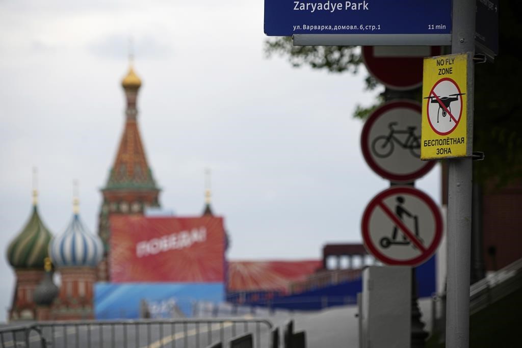 A ‘No fly zone’ sign is seen at the empty Red Square closed for Victory Parade preparation, next to the Moscow Kremlin, in Moscow, Russia, Wednesday, May 3, 2023. Russian authorities have accused Ukraine of attempting to attack the Kremlin with two drones overnight. The Kremlin on Wednesday decried the alleged attack attempt as a “terrorist act” and said Russian military and security forces disabled the drones before they could strike. (AP Photo/Alexander Zemlianichenko)