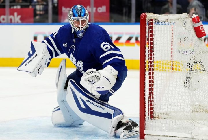 Toronto Maple Leafs goaltender Joseph Woll (60) watches the play after losing his stick against the Columbus Blue Jackets during third period NHL hockey action in Toronto on Tuesday, April 4, 2023. Joseph Woll isn’t thinking about all the work that got him to this point. All the Maple Leafs rookie goaltender is focusing on is keeping his team’s season alive.