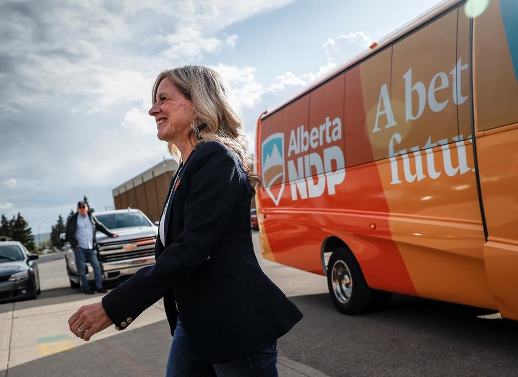 Alberta NDP Leader Rachel Notley arrives at a campaign rally in Calgary, Alta., Thursday, May 11, 2023. Alberta's NDP has released a fully costed economic plan that shows it would have a $3.3-billion surplus over three years if elected on May 29. 