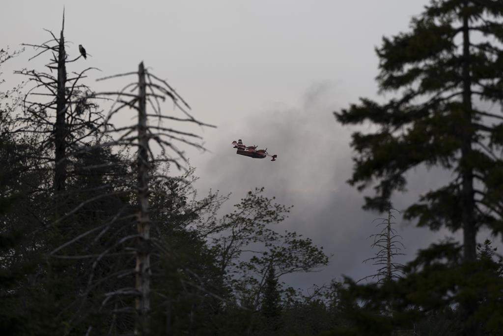 A water bomber plane flies through heavy smoke as an out-of-control wildfire in a suburban community outside of Halifax quickly spread, engulfing multiple homes and forcing the evacuation of local residents on Sunday, May 28, 2023. THE CANADIAN PRESS/Darren Calabrese