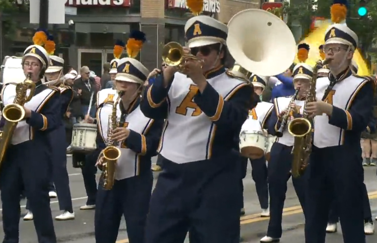 Members of the Aberdeen High School band from Aberdeen, WA perform at the Victoria Day parade May 22, 2023.