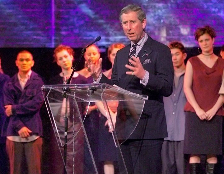 Prince Charles speaks after a cultural and artistic performance by young Canadians at the Gooderham and Worts Historical Site in Toronto on Monday, April 30, 2001. The prince hosted a private dinner party at a historical distillery near the Toronto waterfront to celebrate young Canadian performing and visual artists.
