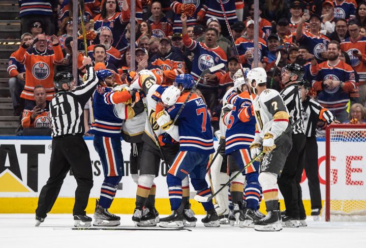 Vegas Golden Knights and Edmonton Oilers players rough it up during third period NHL Stanley Cup second round playoff action in Edmonton on Wednesday May 10, 2023.