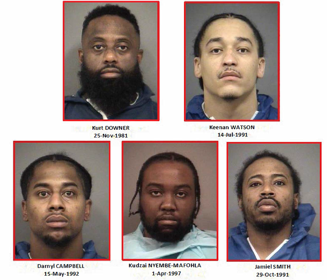 Five men have been charged in connection with an attempted robbery in Brampton, police say.