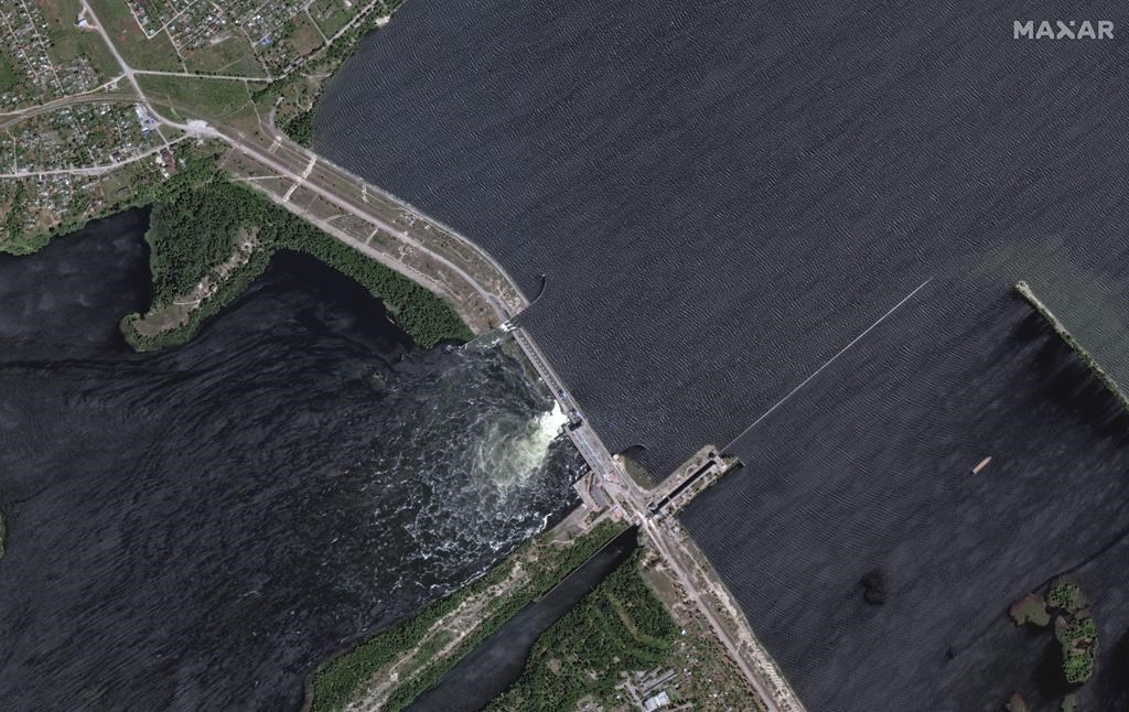 This satellite image provided by Maxar Technologies shows an overview of the Kakhovka dam in southern Ukraine on Monday, June 5, 2023.