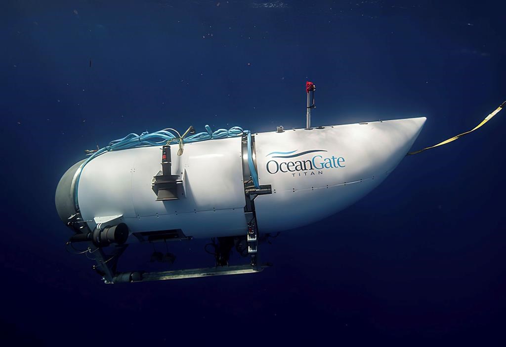 This photo provided by OceanGate Expeditions shows a submersible vessel named Titan used to visit the wreckage site of the Titanic. There’s a faint glimmer of hope in the search for submersible missing near the wreck of the Titanic south of Newfoundland after an underwater noise was detected overnight.