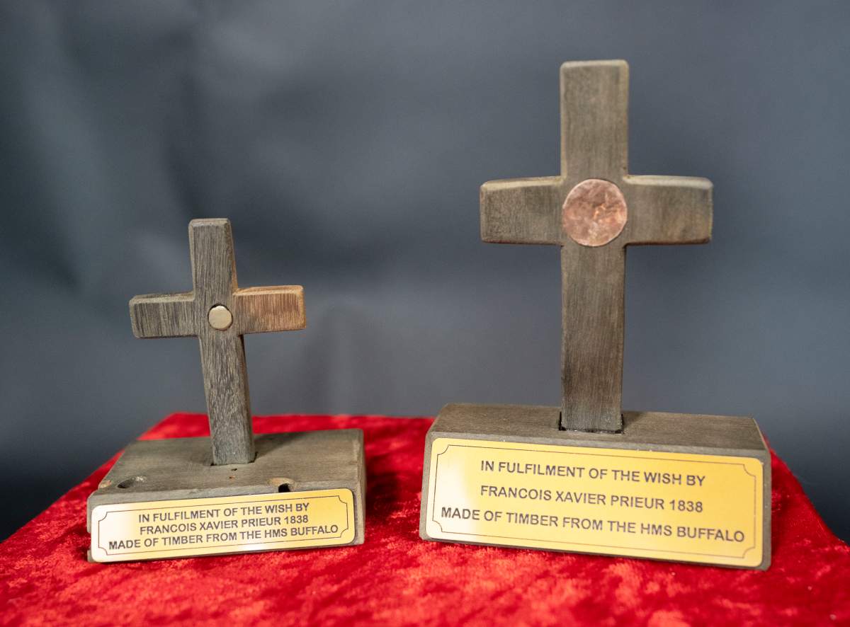 A pair of wooden crosses made from a shipwreck in New Zealand are seen in St. Jean-Sur-Richelieu, Que., Friday, June 9, 2023.