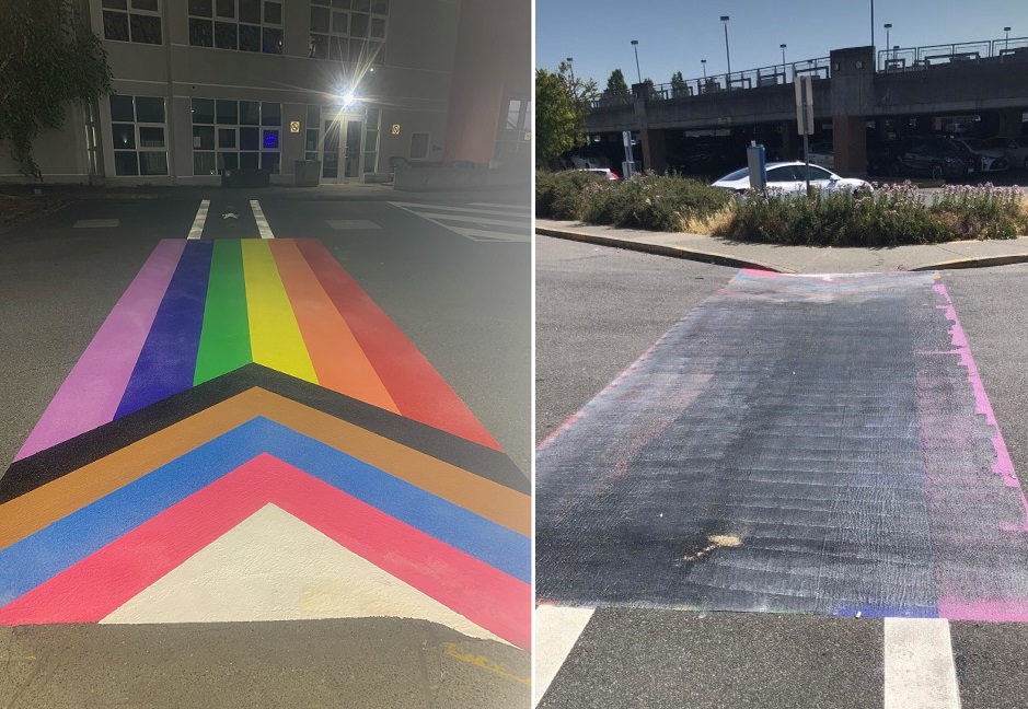 Photos show a newly-installed Pride crosswalk in Saanich before and after it was damaged.