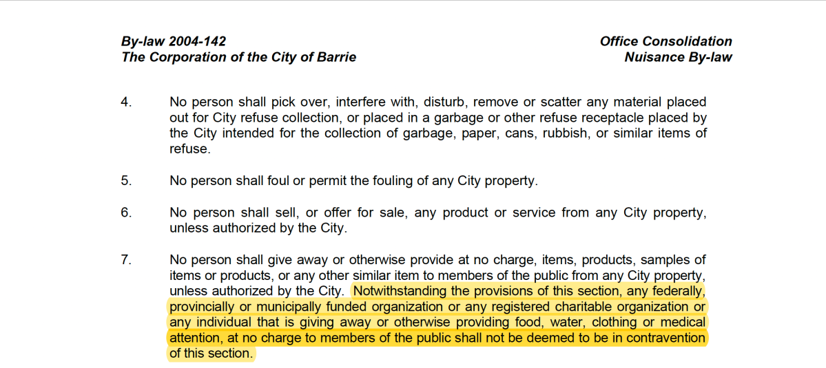 Screenshot of City of Barrie Bylaw 2004-142 section 7