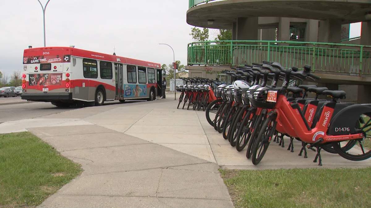 Neuron e-bikes sit outside Calgary's Franklin LRT station on June 1, 2023. The City of Calgary launched a pilot program with Neuron and Bird Canada to gauge the demand for e-bike in more suburban areas.