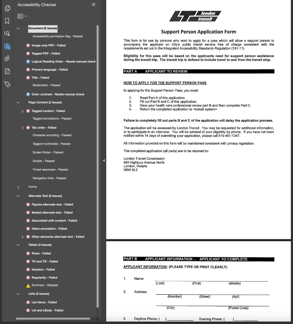 An image of a PDF from the London Transit Commission on the right with a column on the left tracking how accessible the page is.
