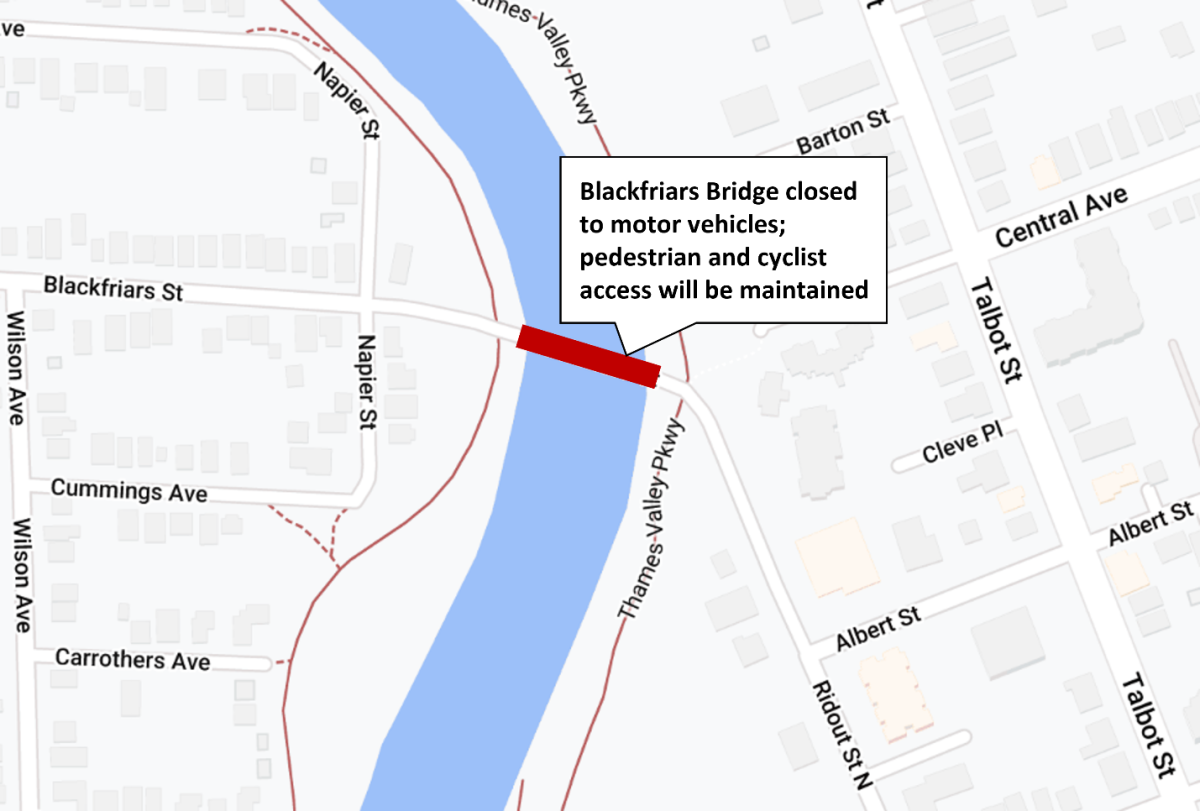 A map of Blackfriars Bridge, which will be temporarily closed to vehicles between June 26 and June 30 during the day.