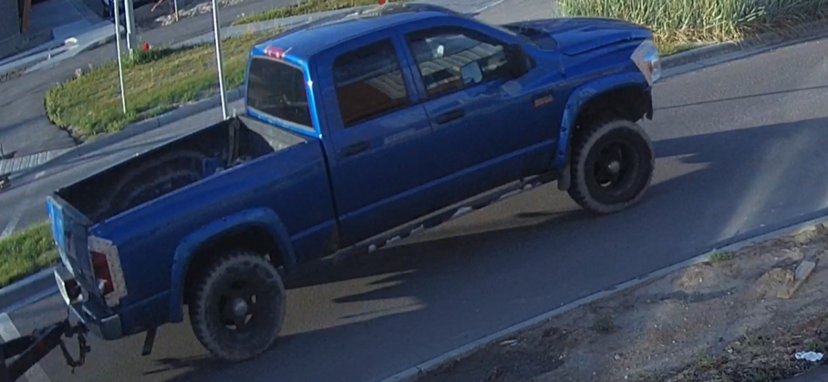 A CCTV image of a blue pickup truck Calgary police believe was involved in a hit-and-run on June 23, 2023.
