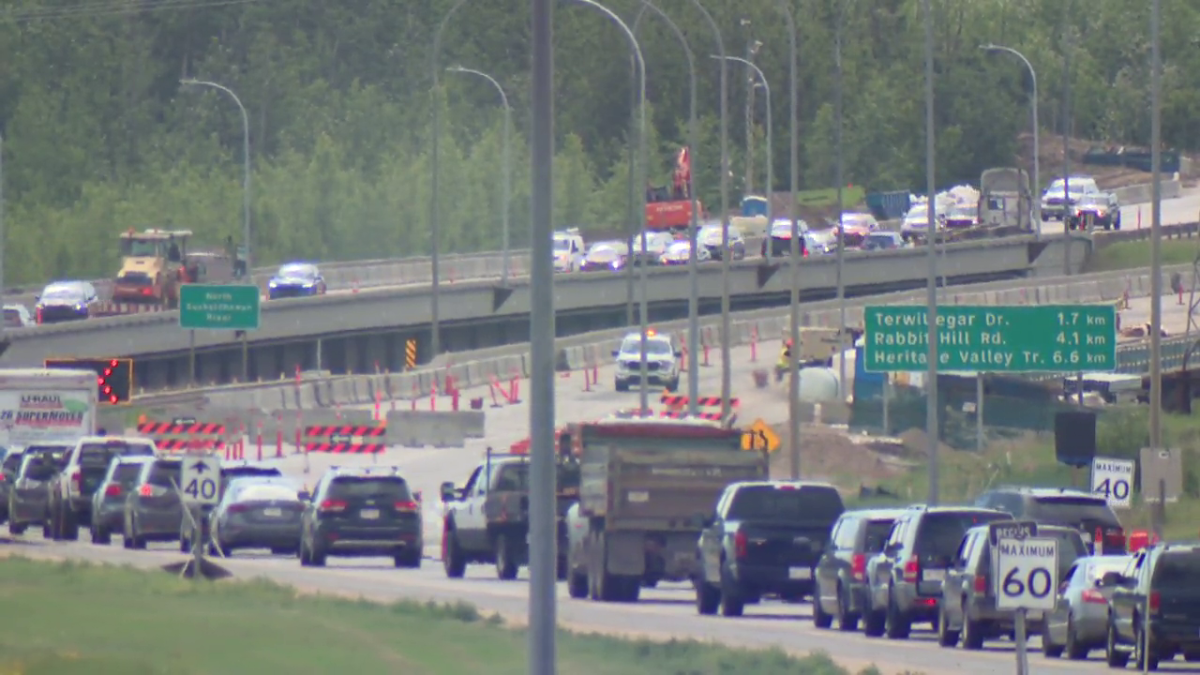 Traffic backed up on the southwest leg of Anthony Henday Drive June 30, 2023.