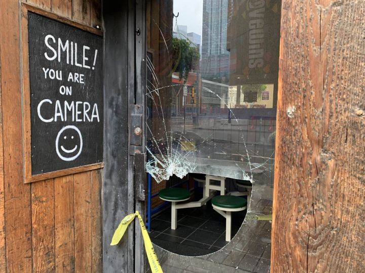 Police tape around Evolution Wonderlounge in Edmonton on July 27, 2023.