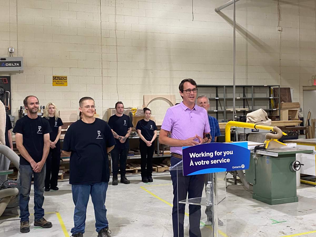Minister of Labour, Immigration, Training and Skills Development Monte McNaughton speaks at Youth Opportunities Unlimited in London, Ont., on July 6, 2023.