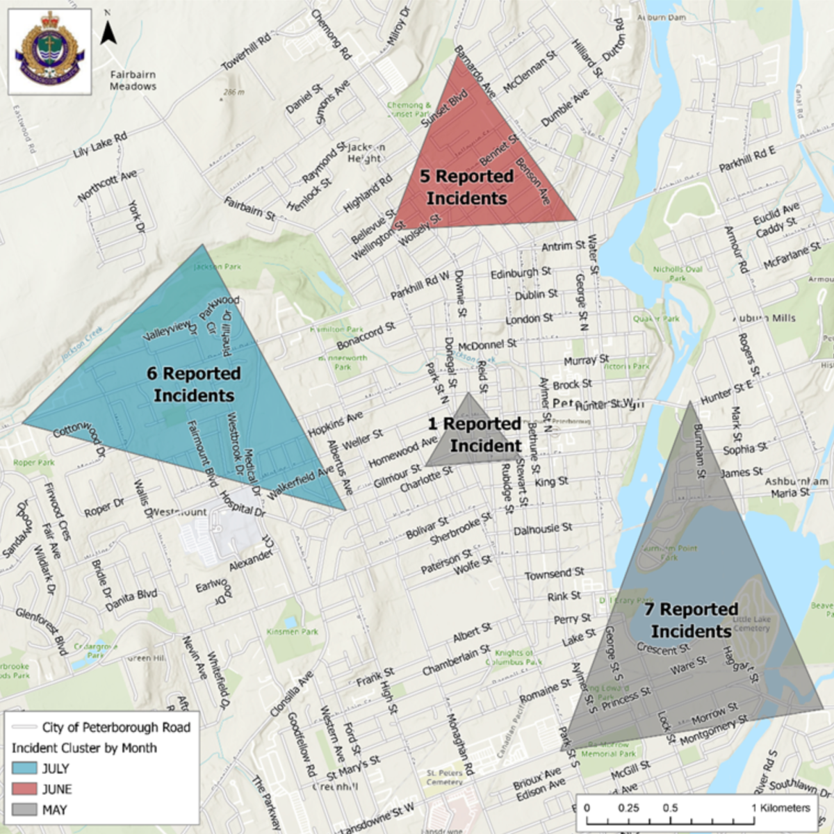 A map of where antisemitic flyers were found across Peterborough, Ont., in the summer of 2023.