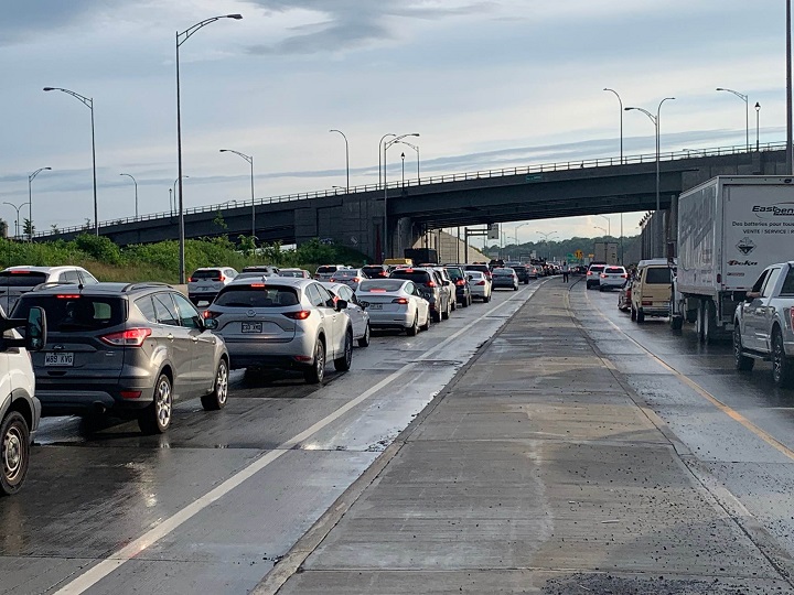 Traffic at standstill near the St-Pierre interchange due to flooding on the highway. Thursday, July 13, 2023. Tim Sargeant/Global News
