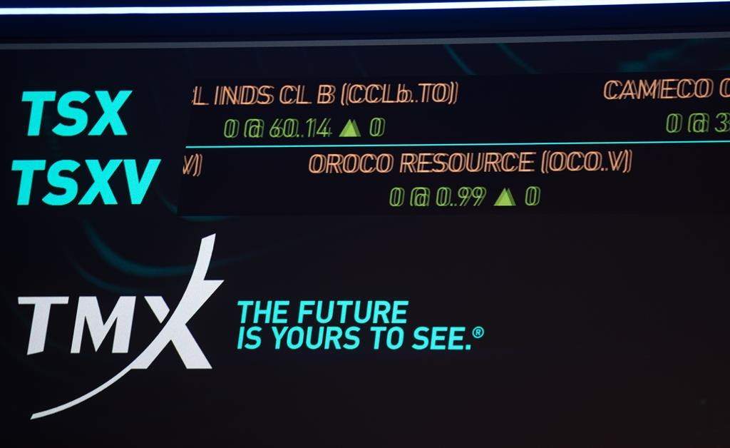 The S&P TSX composite index screen at the TMX Market Centre in downtown Toronto is photographed on Friday, Nov. 11, 2022. THE CANADIAN PRESS/ Tijana Martin.