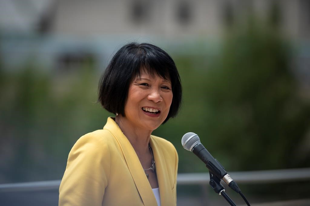 Newly elected Mayor Olivia Chow speaks at her first media availability after being officially sworn-in at Toronto City Hall, on July 12, 2023. THE CANADIAN PRESS/ Tijana Martin.