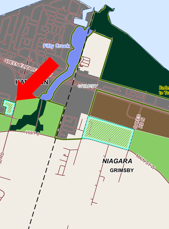 An arrow points to Lands at 331 and 339 Fifty Road in Hamilton Ont. identified in the Environmental Registry of Ontario as property ready for development.