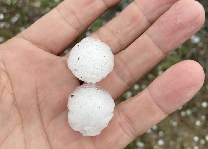 Hail is seen west of Irricana, Alta., on Aug. 10, 2023.