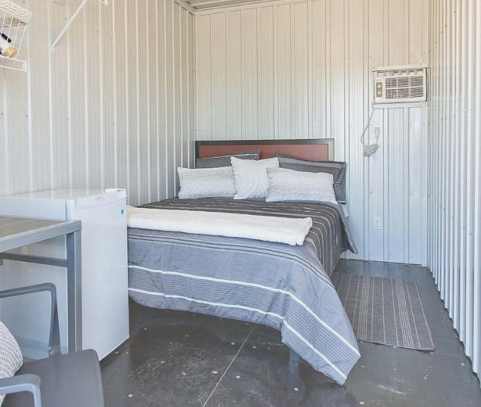An inside view of a modular bridge housing unit being built on Wolfe Street in Peterborough to assist those experiencing homelessness.