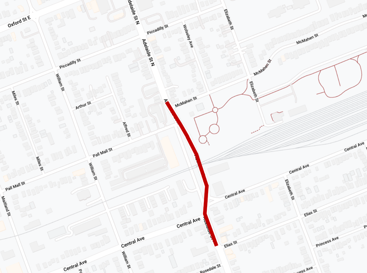 A map graphic showing the closure of Adelaide Street North between McMahen and Elias Streets.