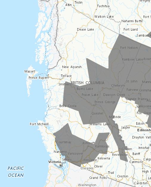 A map showing the extent of air quality advisories in B.C. at noon on Friday, Aug. 25, 2023.