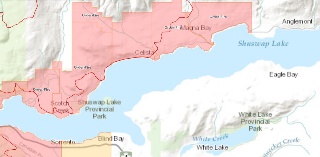 A map showing some of the evacuation orders and alerts associated with the Bush Creek East fire, and the locations of Blind Bay and Anglemont, which are outside of the fire zone.