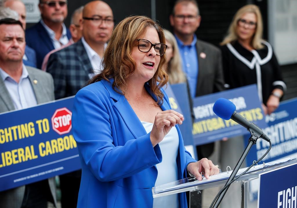 Manitoba PC leader Heather Stefanson announces the start of the provincial election process with supporters and candidates in Winnipeg, on Sept. 5.