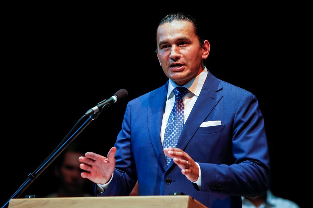 Manitoba NDP Leader Wab Kinew speaks during an event at the Canadian Mennonite University in Winnipeg on Aug. 16.