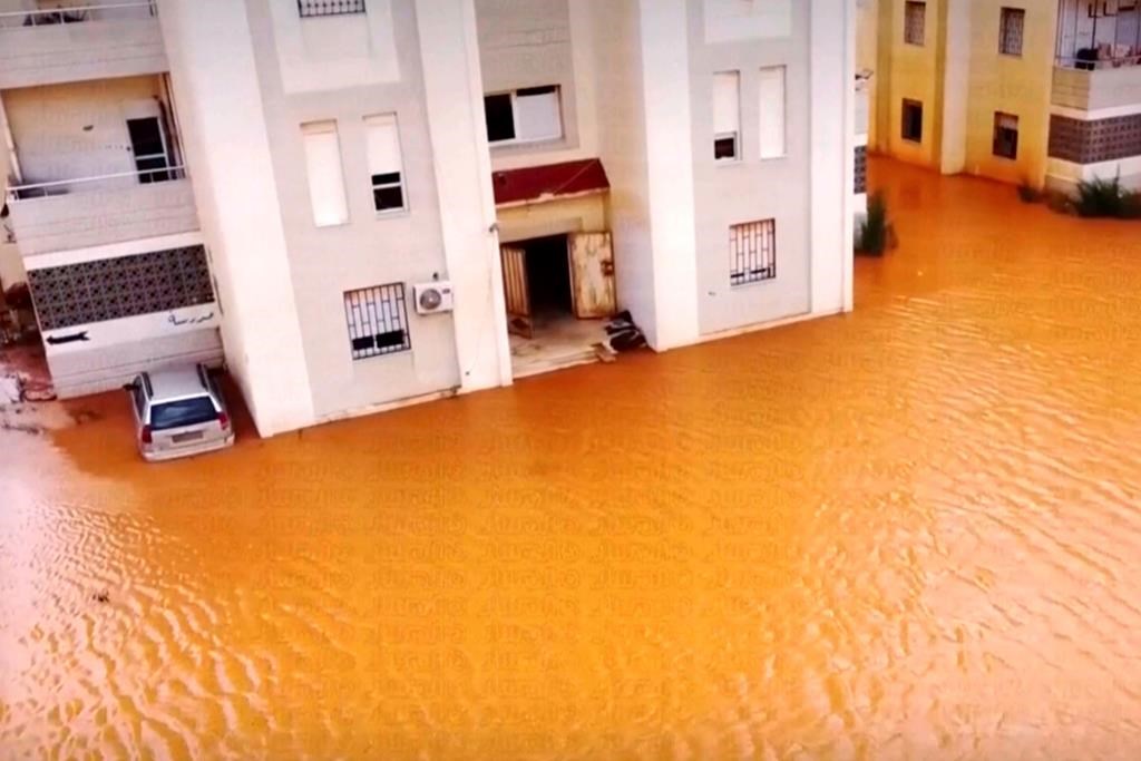 Streets a flooded after storm Danial in Marj, Libya, Monday, Sept. 11, 2023. The head of one of Libya’s rival governments says that 2,000 people are feared dead in flooding that swept through the eastern parts of the north African nation.