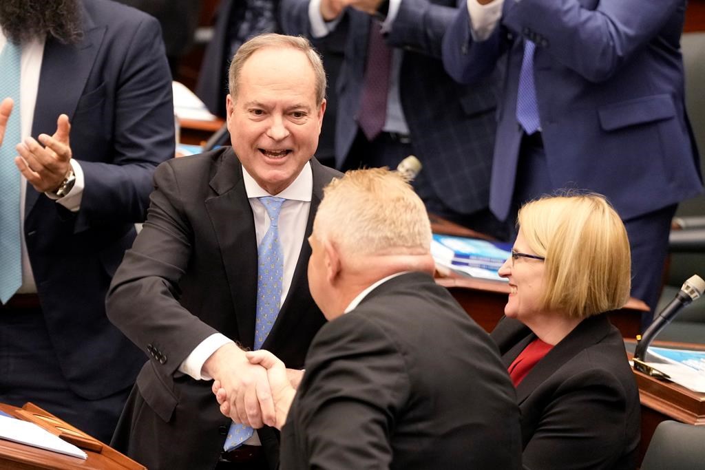 Ontario ended the last fiscal year with a smaller deficit than projected in the 2022 budget, largely on the strength of higher tax revenues due to economic growth and inflation. Finance Minister Peter Bethlenfalvy, shown in this March 23, 2023 file photo, and Treasury Board President Caroline Mulroney released the province's public accounts for 2022-23, which looks at the final numbers for the last fiscal year.  THE CANADIAN PRESS/Frank Gunn.