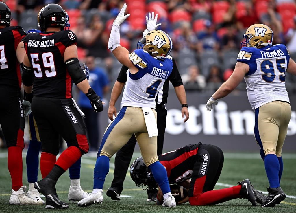 Winnipeg Blue Bombers linebacker Adam Bighill (4) reacts after sacking Ottawa Redblacks quarterback Dustin Crum (18) during first half CFL football action in Ottawa on Saturday, July 15, 2023.
