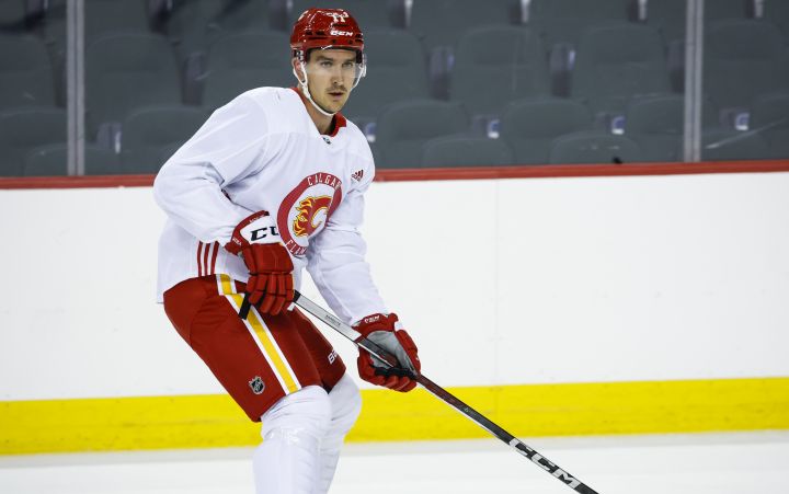 Calgary Flames' Mikael Backlund skates during a training camp practice in Calgary, Thursday, Sept. 21, 2023.