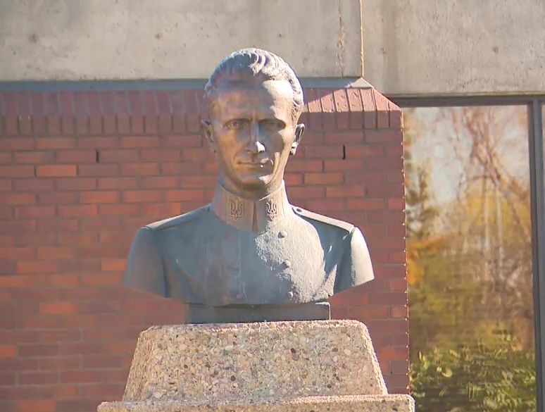 A bust Ukrainian nationalist Roman Shukhevych on display at the Ukrainian Youth Unity Complex near 153 Avenue and 97 Street in Edmonton, Alta.