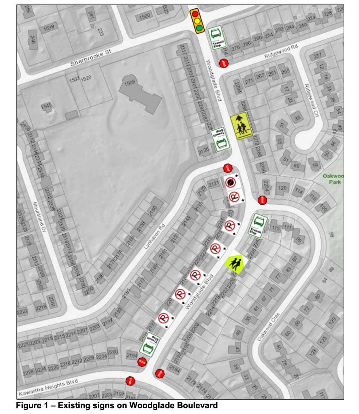 Existing signs on Woodglade Boulevard in Peterborough, Ont.