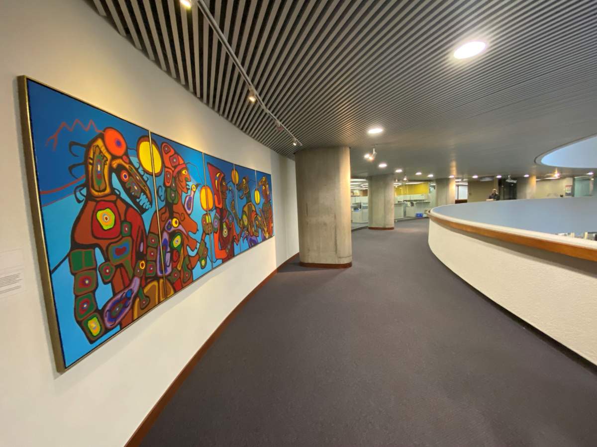 This massive piece by Anishinaabe artist Norval Morrisseau hangs where the public can view it at city hall.