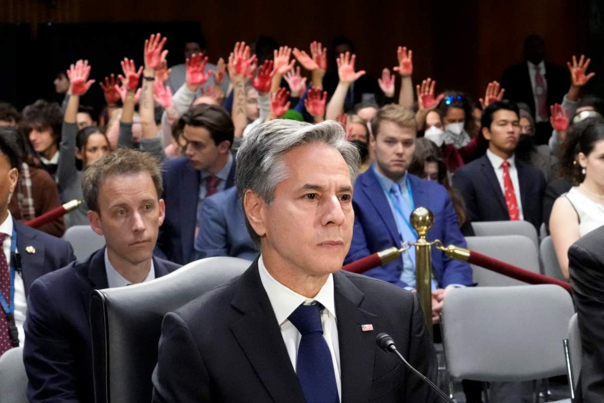 Secretary of State Antony Blinken pauses as his testimony to the Senate Appropriations Committee to aid to Israel and Ukraine is overwhelmed by shouts from protesters in the audience, at the Capitol in Washington, Tuesday, Oct. 31, 2023. (AP Photo/J. Scott Applewhite)