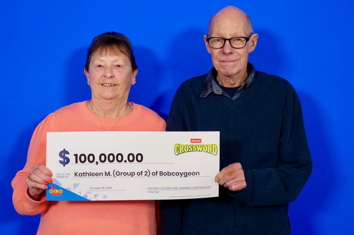 Kathleen McKenzie and Robert Edgar Hammond of Bobcaygeon, Ont., are celebrating after winning a $100,000 top prize with the OLG's Instant Crossword Triple game.