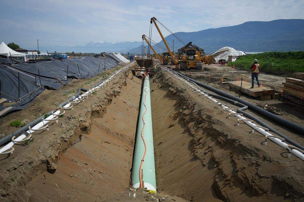 Workers lay pipe during construction of the Trans Mountain pipeline expansion on farmland, in Abbotsford, B.C., on Wednesday, May 3, 2023. The CEO of Pembina Pipeline Corp. says the company needs a resolution of uncertainties surrounding the Trans Mountain expansion project before deciding whether to make an offer for an equity stake in the pipeline. THE CANADIAN PRESS/Darryl Dyck