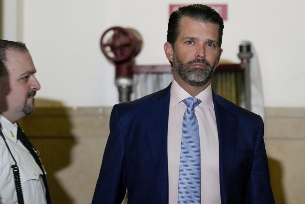 Donald Trump Jr. arrives at New York Supreme Court, , Thursday, Nov. 2, 2023, in New York. (AP Photo/Seth Wenig).